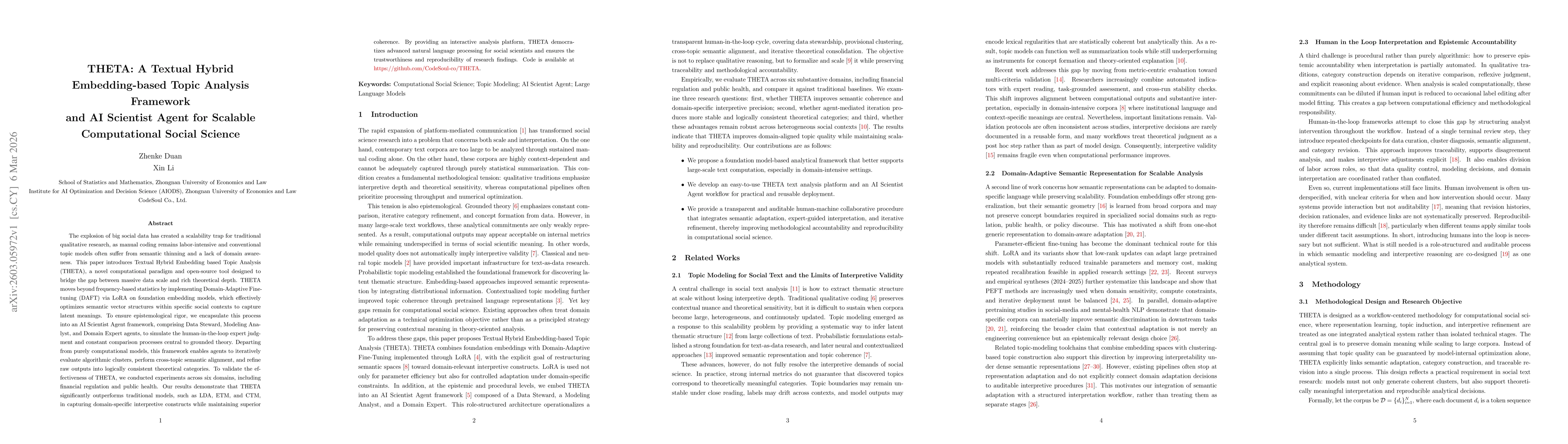 Thumbnail for THETA: A Textual Hybrid Embedding-based Topic Analysis Framework and AI Scientist Agent for Scalable Computational Social Science