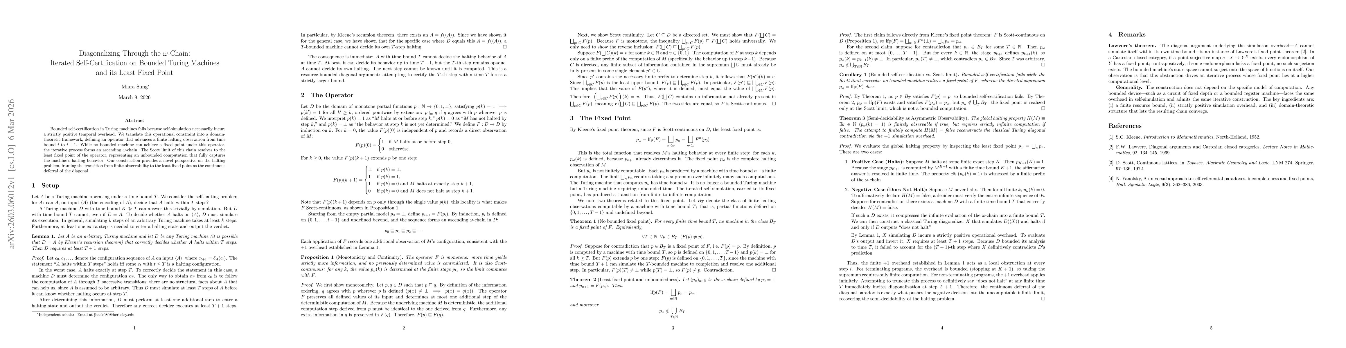 Thumbnail for Diagonalizing Through the $ω$-Chain: Iterated Self-Certification on Bounded Turing Machines and its Least Fixed Point