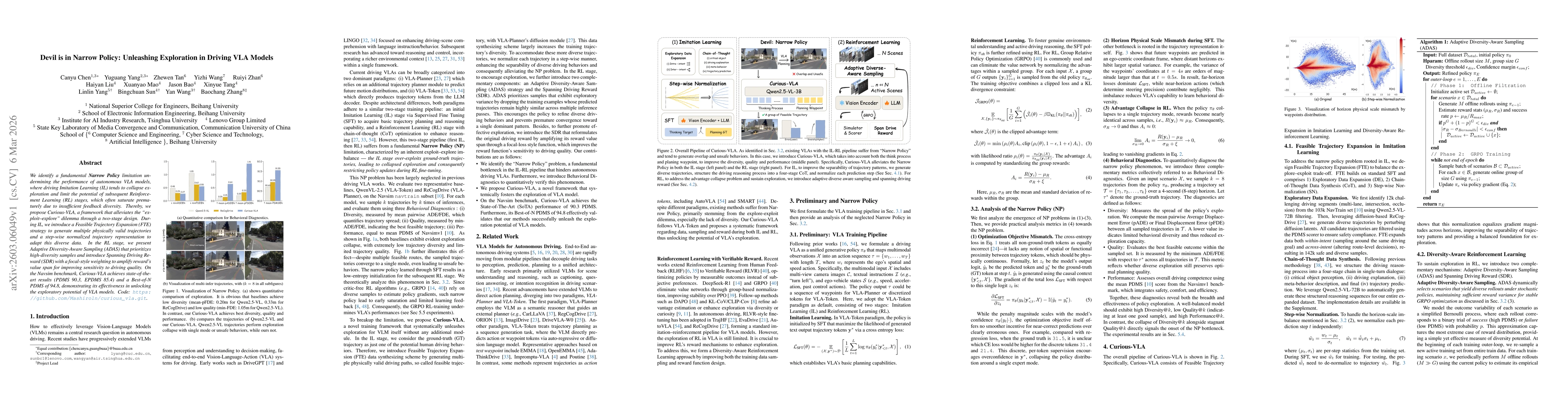 Thumbnail for Devil is in Narrow Policy: Unleashing Exploration in Driving VLA Models