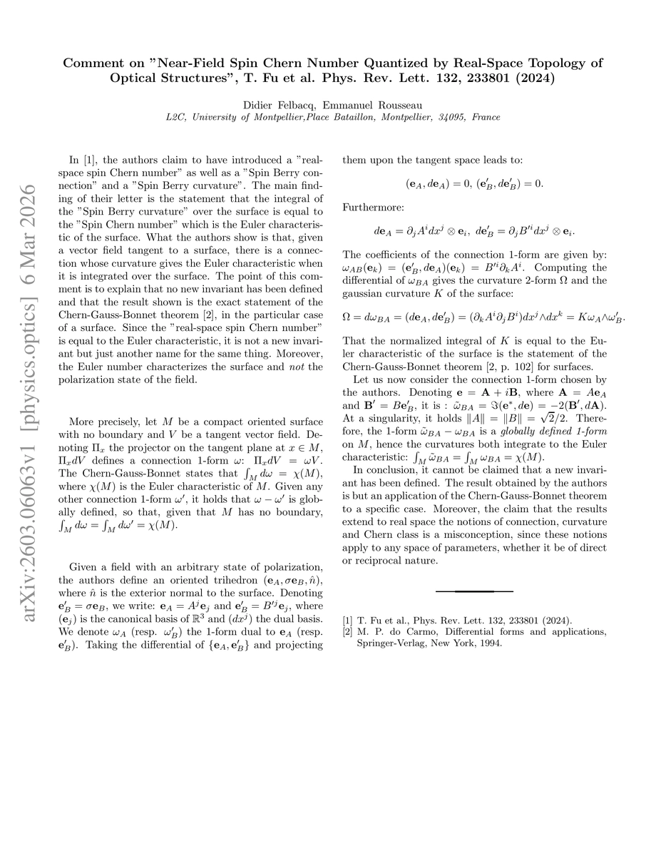 Thumbnail for Comment on ``Near-field spin Chern number quantized by real-space topology of optical structures''