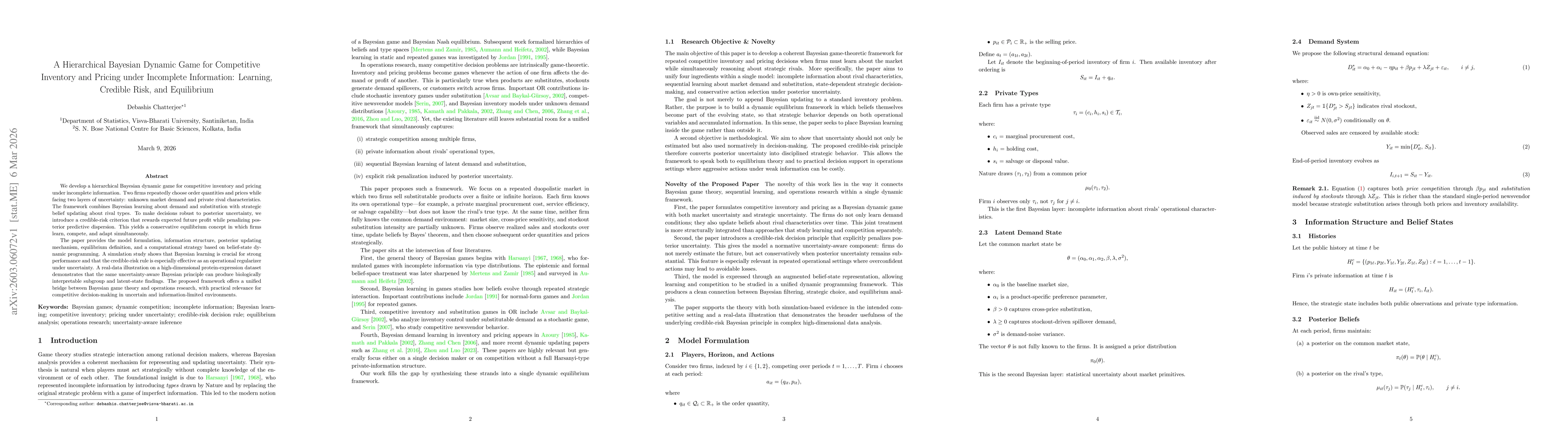 Thumbnail for A Hierarchical Bayesian Dynamic Game for Competitive Inventory and Pricing under Incomplete Information: Learning, Credible Risk, and Equilibrium
