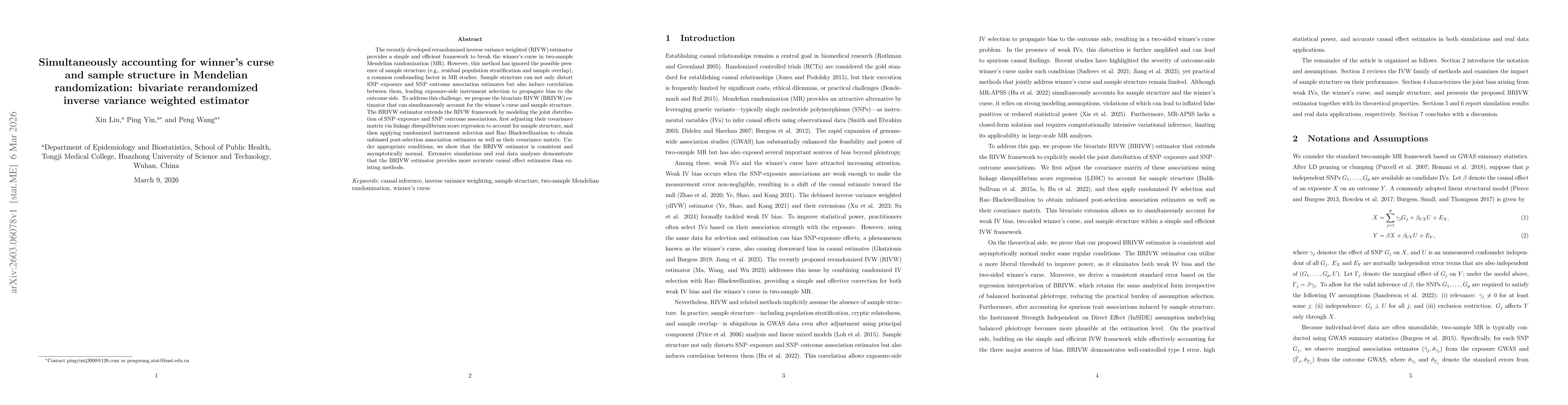 Thumbnail for Simultaneously accounting for winner's curse and sample structure in Mendelian randomization: bivariate rerandomized inverse variance weighted estimator