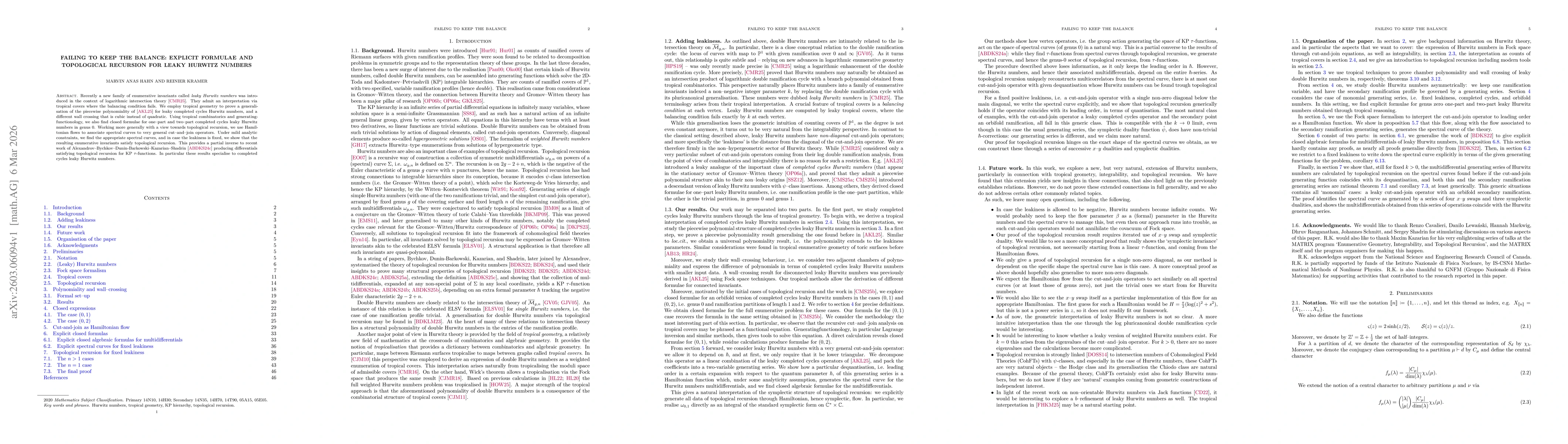 Thumbnail for Failing to keep the balance: explicit formulae and topological recursion for leaky Hurwitz numbers