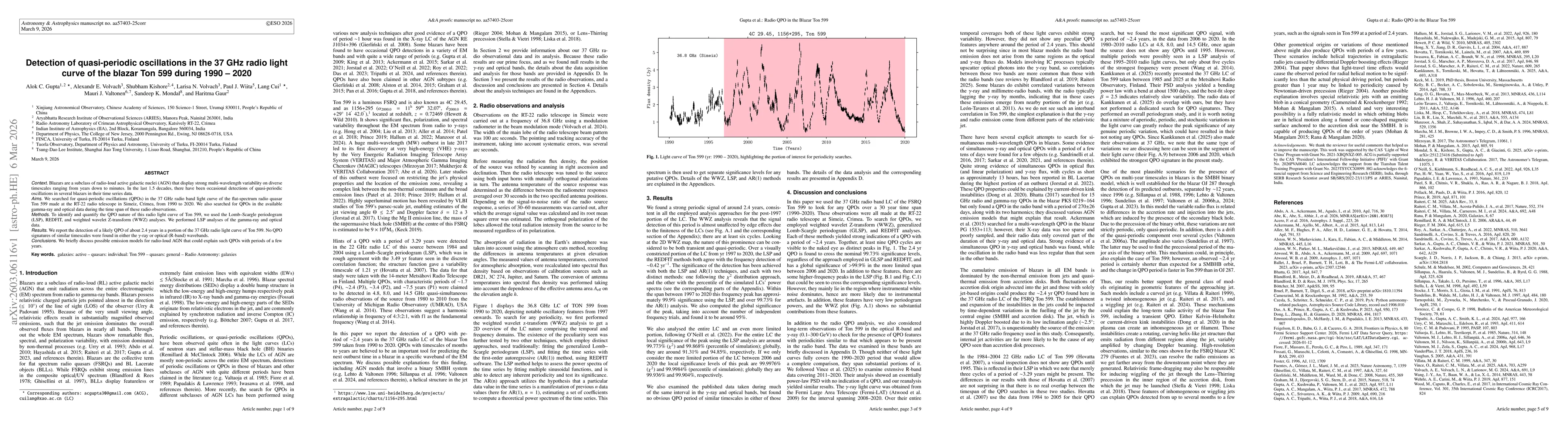Thumbnail for Detection of quasi-periodic oscillations in the 37 GHz radio light curve of the blazar Ton 599 during 1990-2020