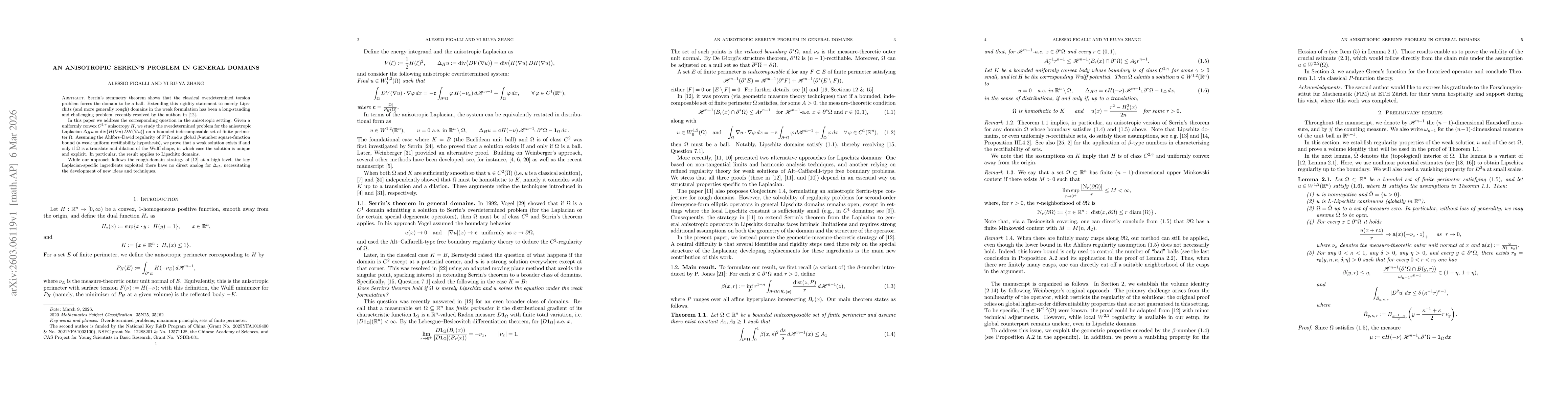 Thumbnail for An anisotropic Serrin's problem in general domains