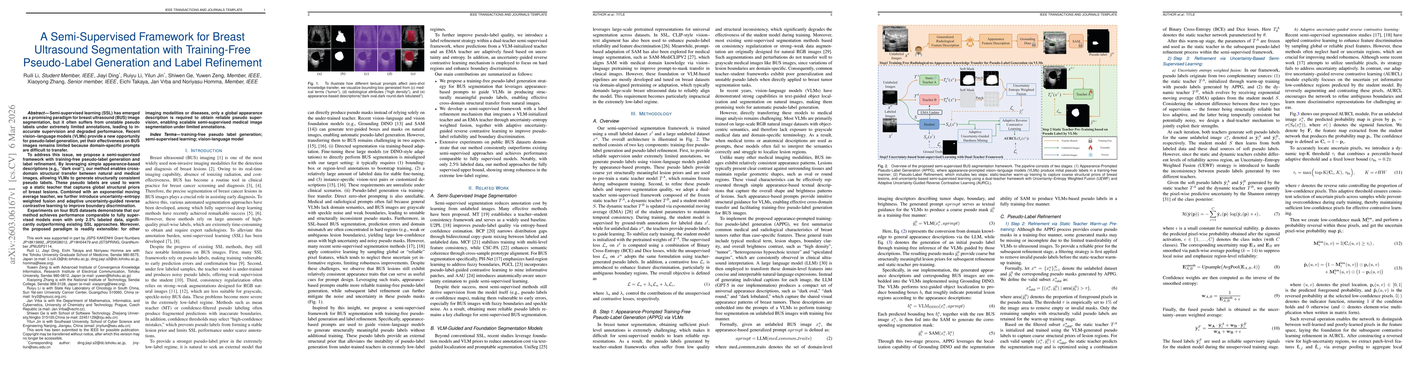 Thumbnail for A Semi-Supervised Framework for Breast Ultrasound Segmentation with Training-Free Pseudo-Label Generation and Label Refinement