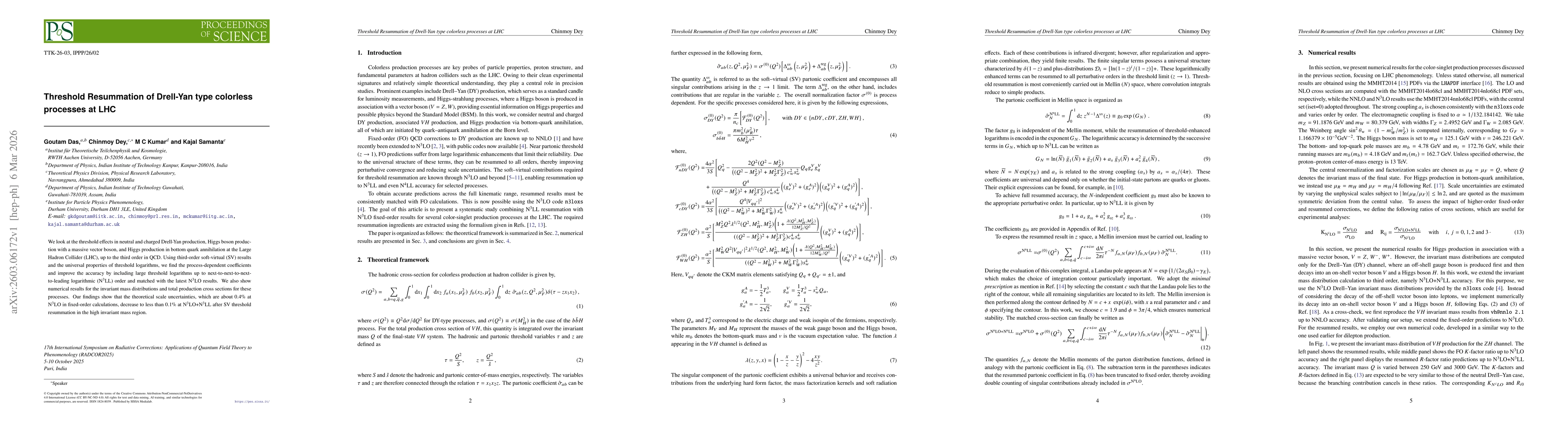 Thumbnail for Threshold Resummation of Drell-Yan type colorless processes at LHC