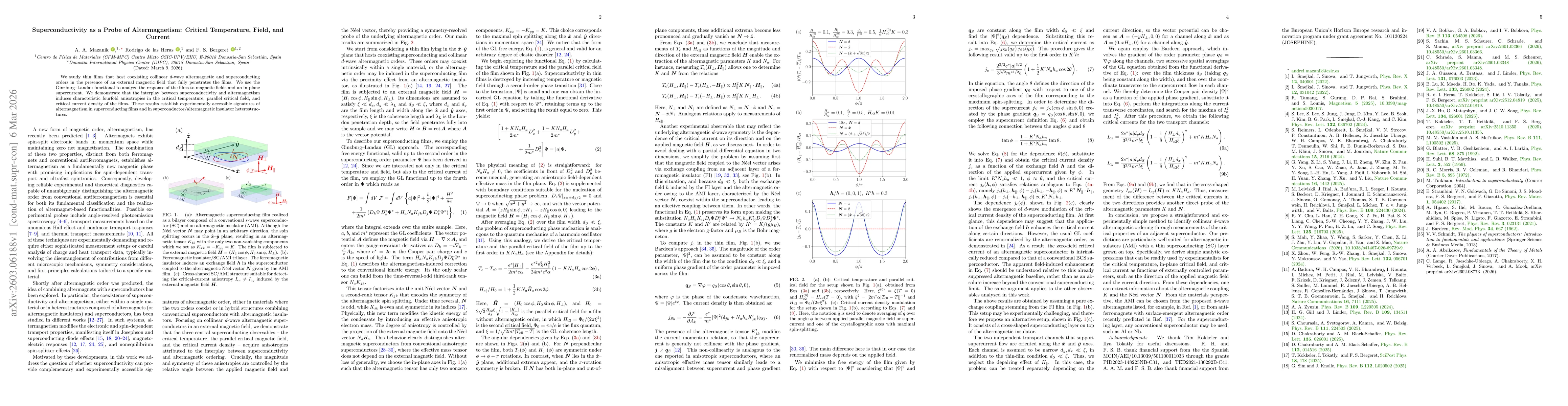 Thumbnail for Superconductivity as a Probe of Altermagnetism: Critical Temperature, Field, and Current