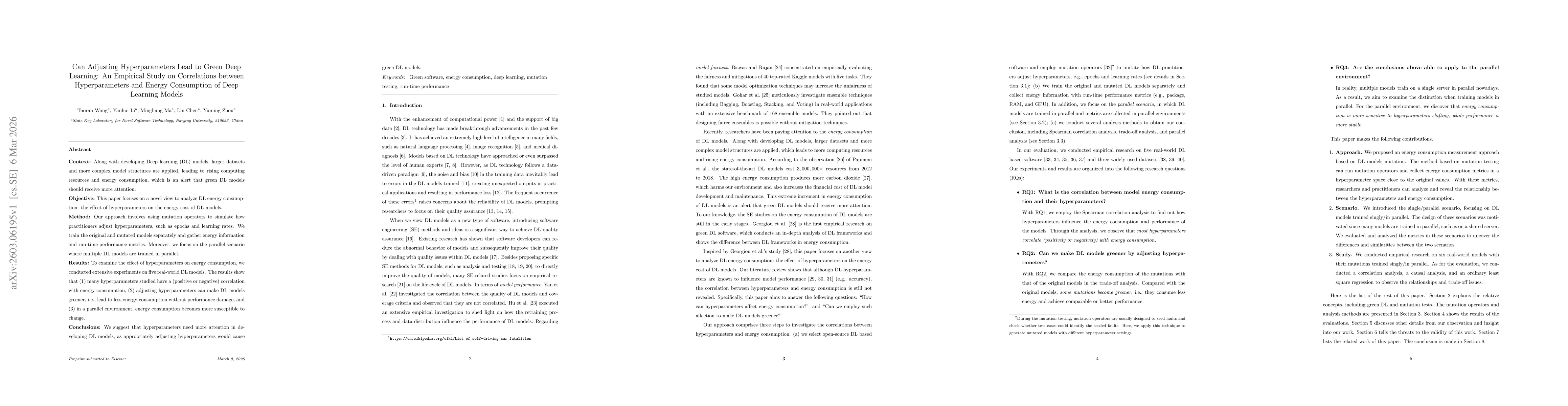 Thumbnail for Can Adjusting Hyperparameters Lead to Green Deep Learning: An Empirical Study on Correlations between Hyperparameters and Energy Consumption of Deep Learning Models