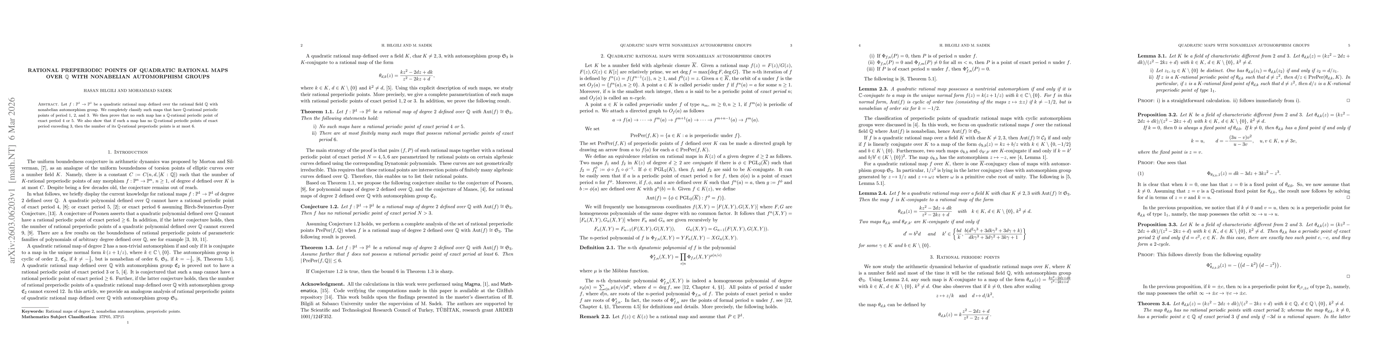 Thumbnail for Rational Preperiodic Points of Quadratic Rational Maps over $\mathbb{Q}$ with Nonabelian Automorphism Groups