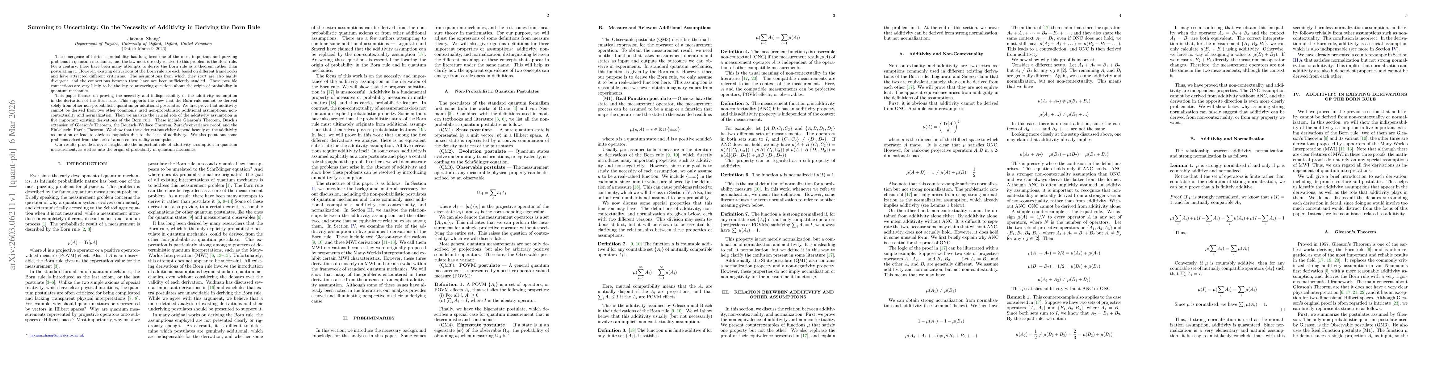 Thumbnail for Summing to Uncertainty: On the Necessity of Additivity in Deriving the Born Rule
