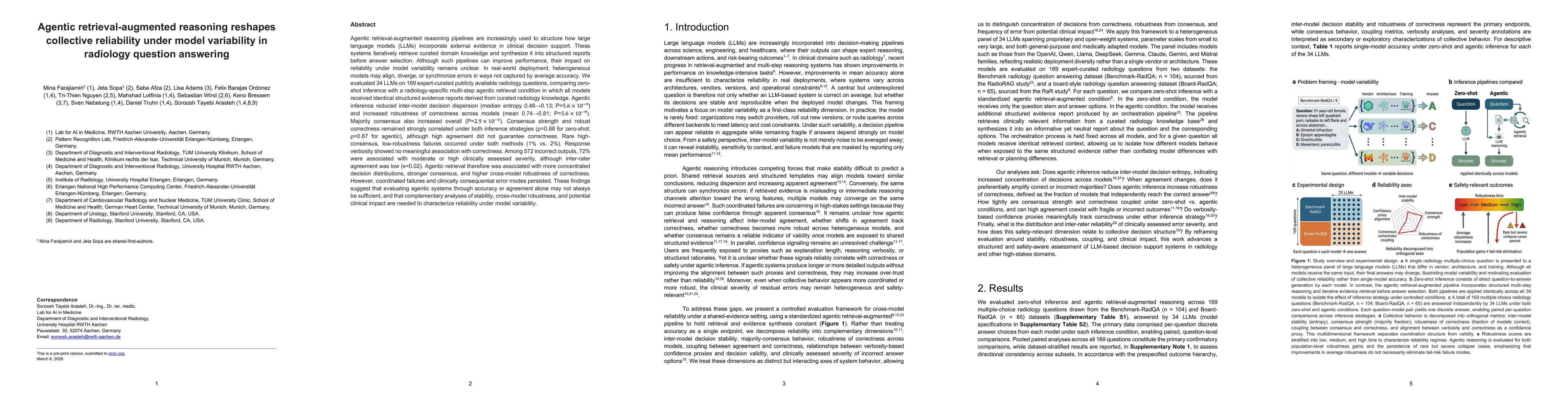 Thumbnail for Agentic retrieval-augmented reasoning reshapes collective reliability under model variability in radiology question answering