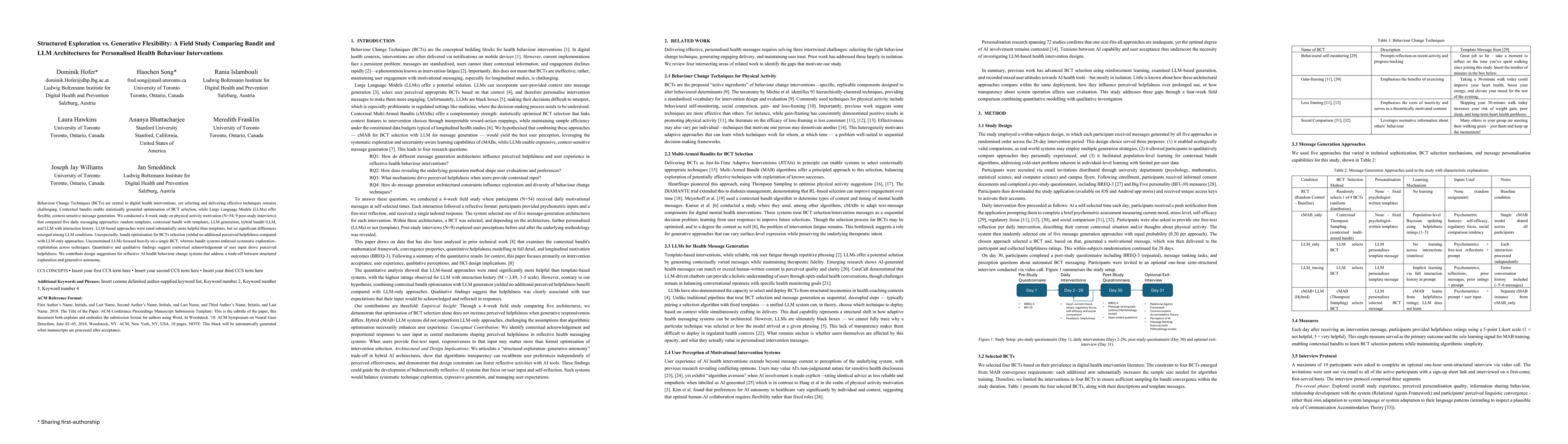 Thumbnail for Structured Exploration vs. Generative Flexibility: A Field Study Comparing Bandit and LLM Architectures for Personalised Health Behaviour Interventions