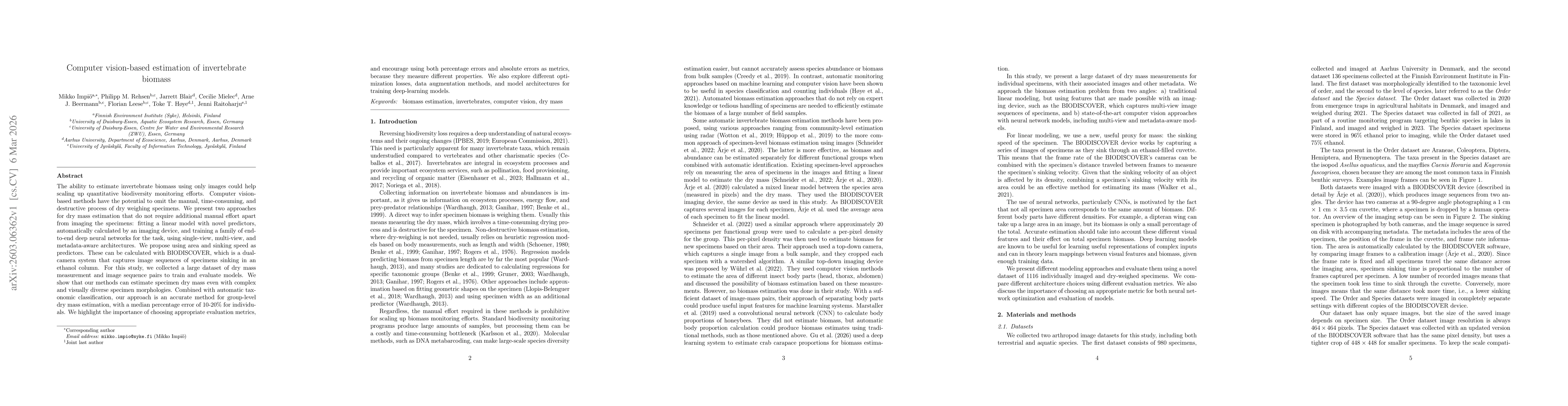 Thumbnail for Computer vision-based estimation of invertebrate biomass