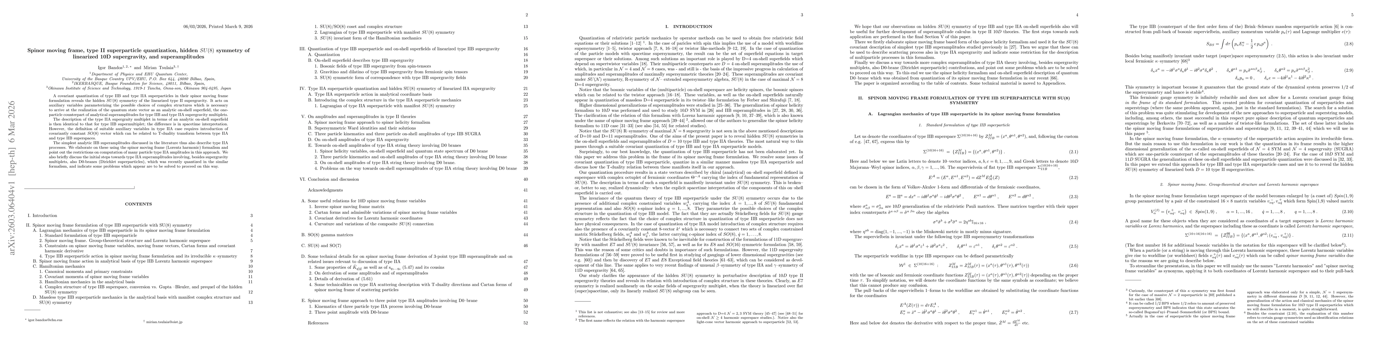 Thumbnail for Spinor moving frame, type II superparticle quantization, hidden $SU(8)$ symmetry of linearized 10D supergravity, and superamplitudes