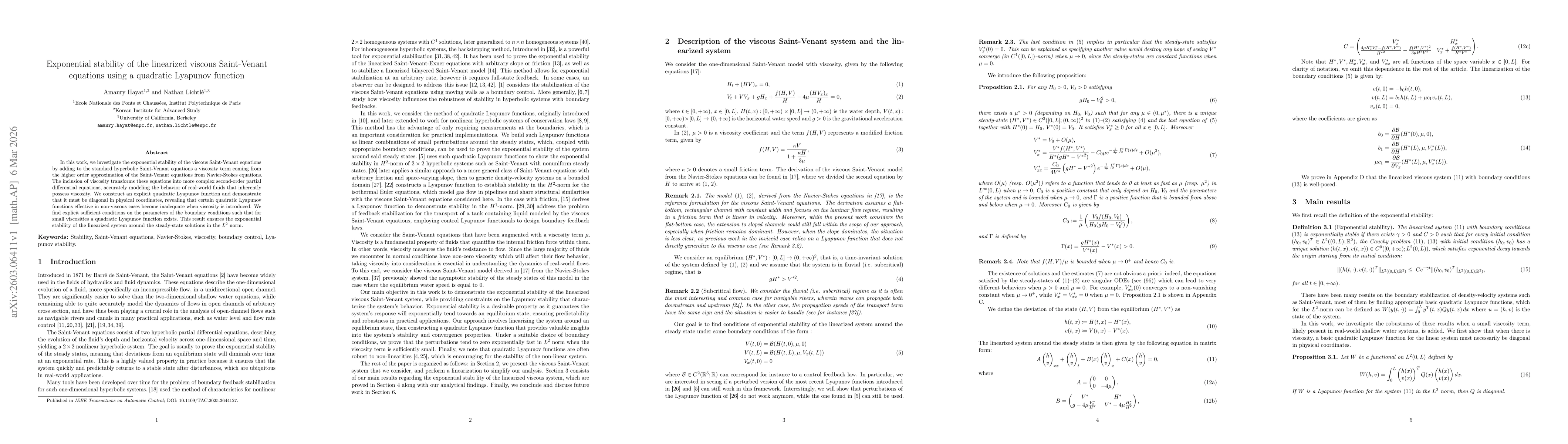 Thumbnail for Exponential stability of the linearized viscous Saint-Venant equations using a quadratic Lyapunov function
