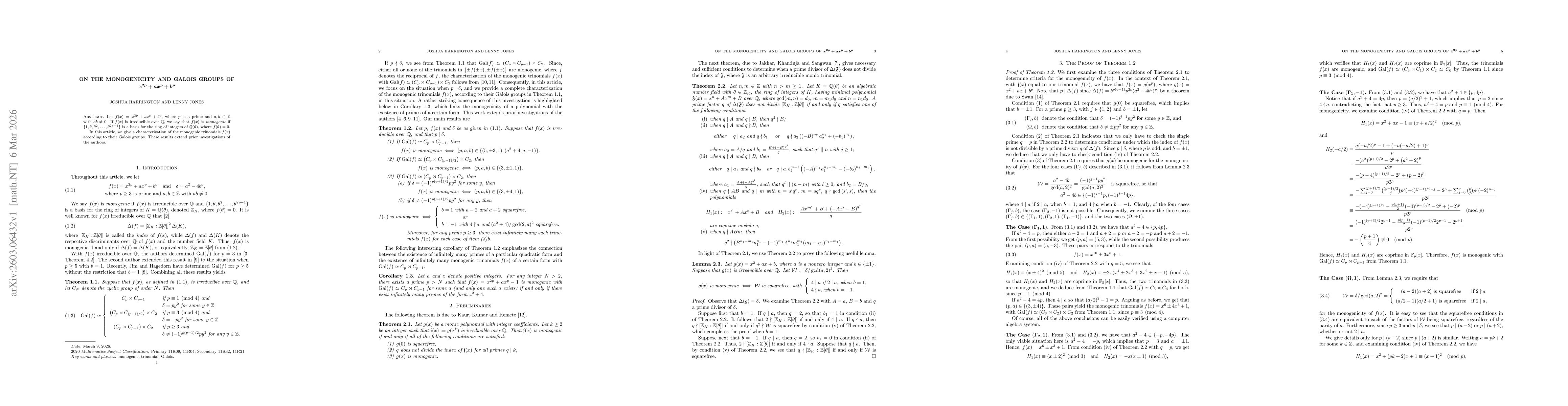 Thumbnail for On the monogenicity and Galois groups of $\boldsymbol{x^{2p}+ax^p+b^p}$