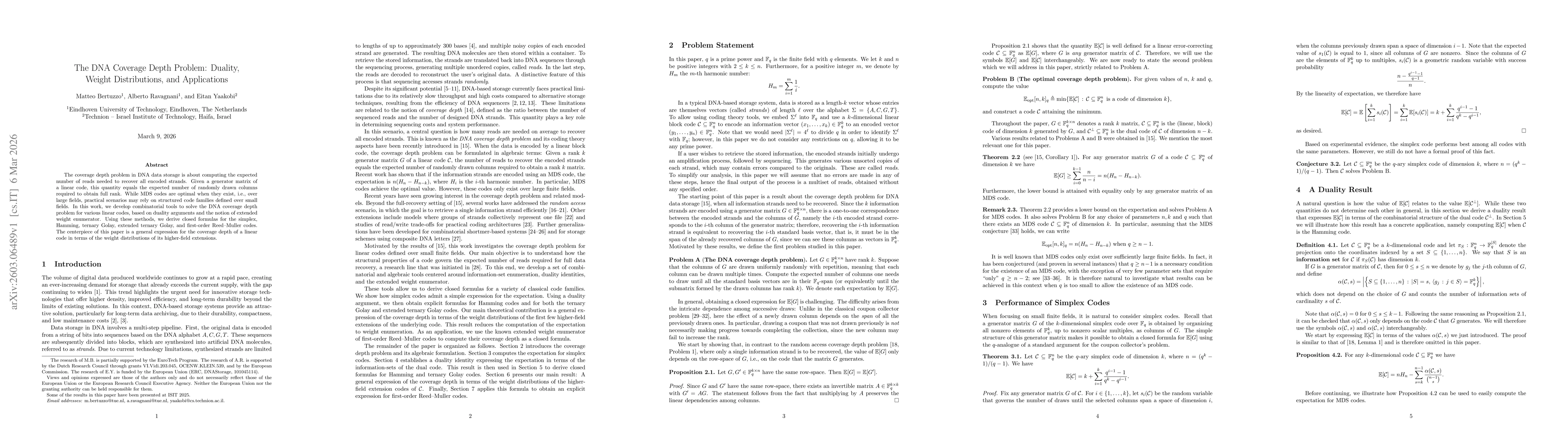 Thumbnail for The DNA Coverage Depth Problem: Duality, Weight Distributions, and Applications