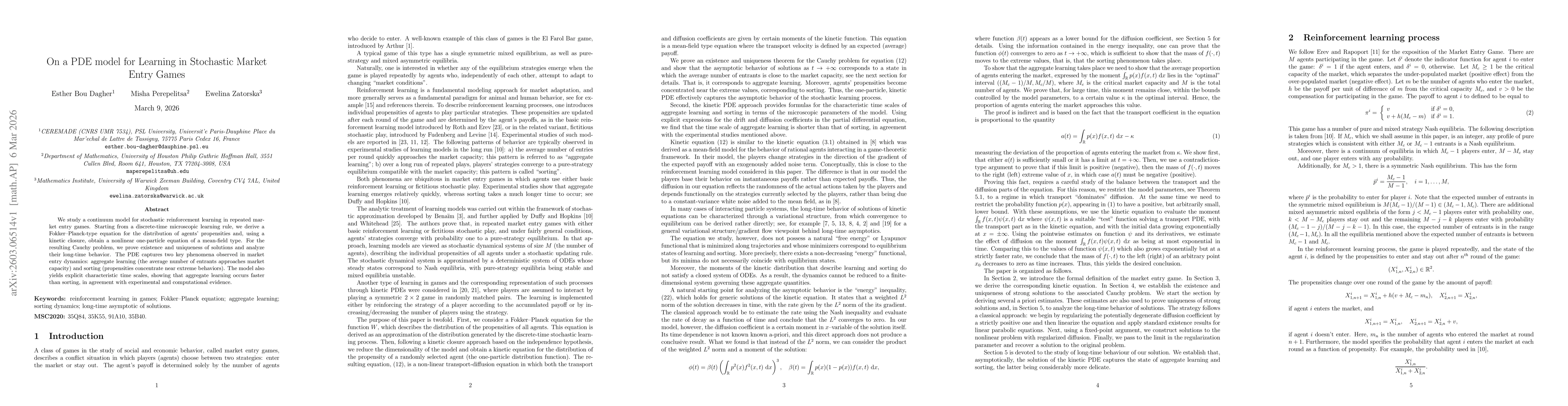 Thumbnail for On a PDE model for Learning in Stochastic Market Entry Games