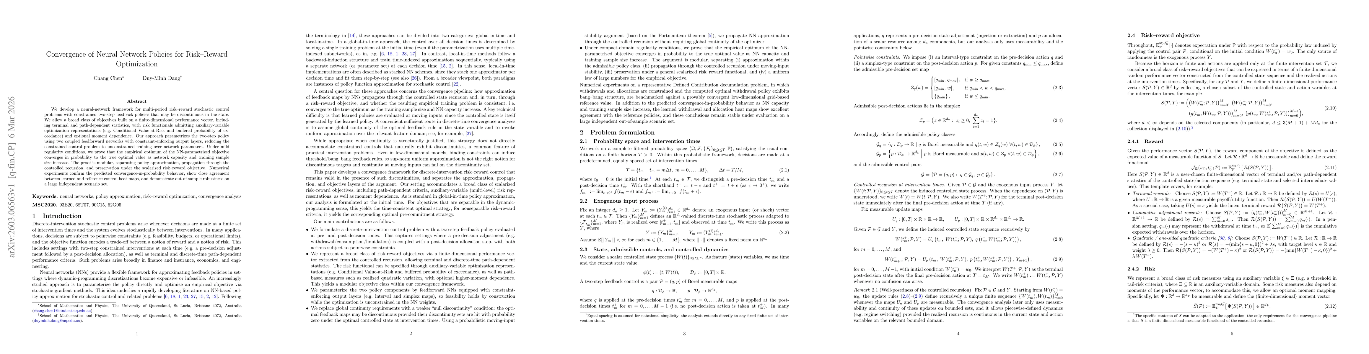 Thumbnail for Convergence of Neural Network Policies for Risk--Reward Optimization