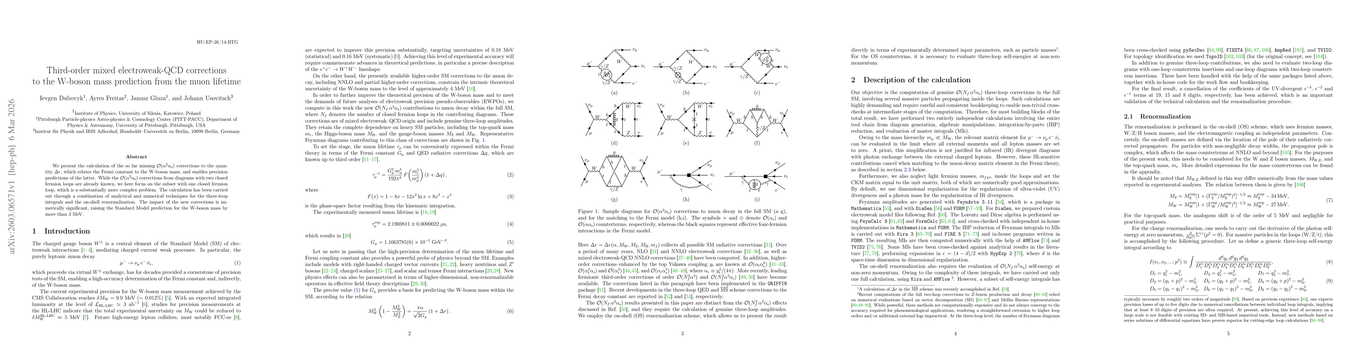 Thumbnail for Third-order mixed electroweak-QCD corrections to the W-boson mass prediction from the muon lifetime