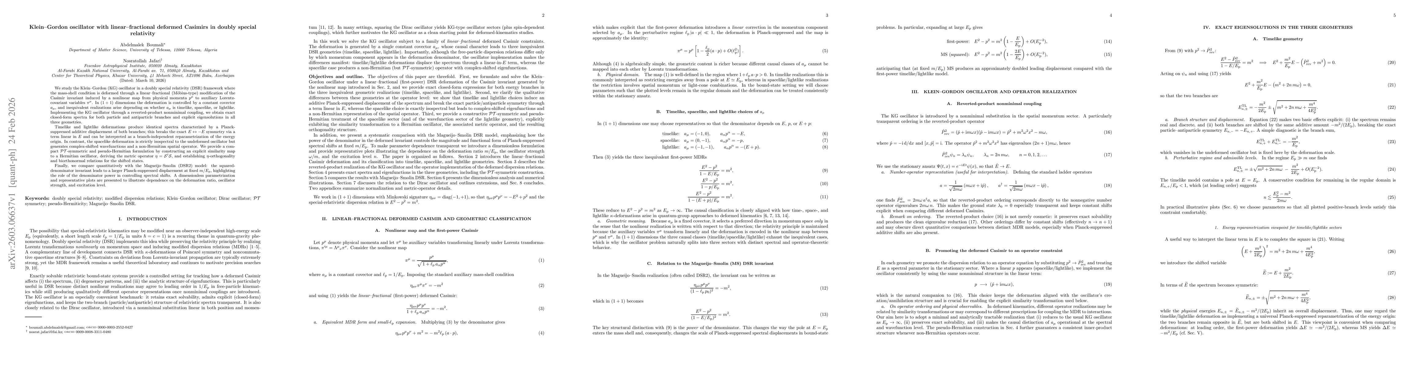 Thumbnail for Klein--Gordon oscillator with linear--fractional deformed Casimirs in doubly special relativity