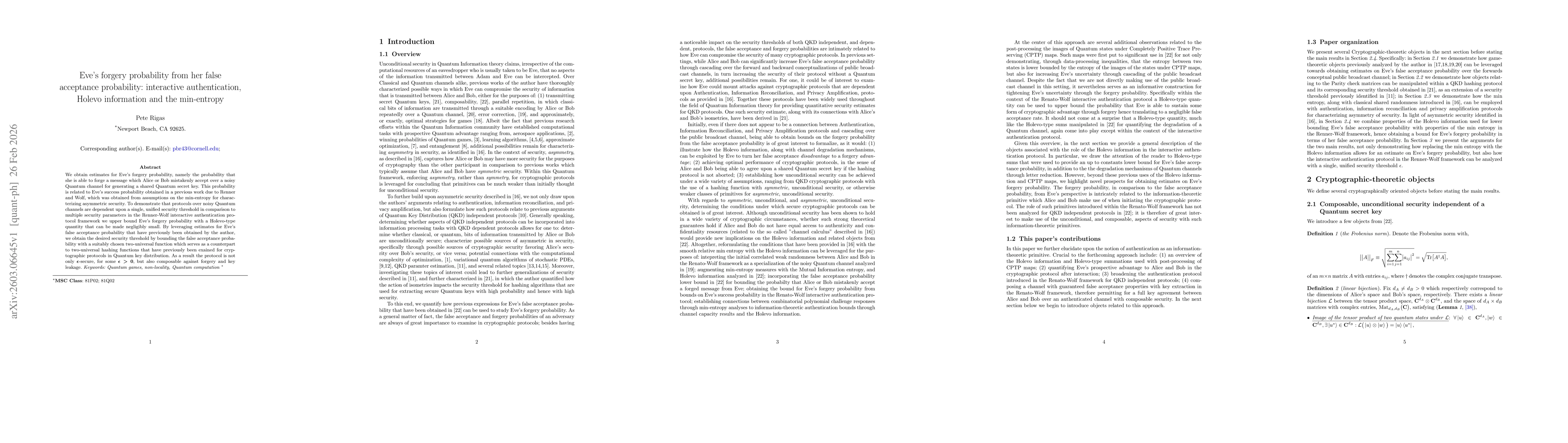 Thumbnail for Eve's forgery probability from her false acceptance probability: interactive authentication, Holevo information and the min-entropy