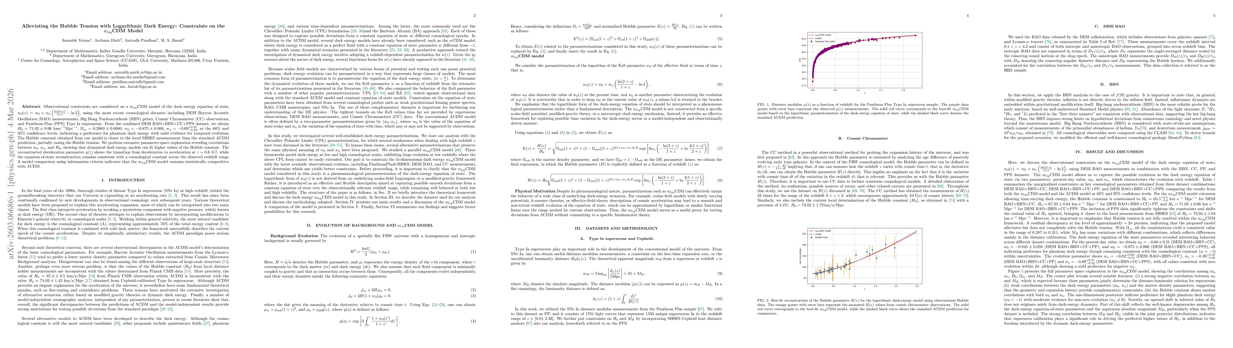 Thumbnail for Alleviating the Hubble Tension with Logarithmic Dark Energy: Constraints on the $w_{log}$CDM Model
