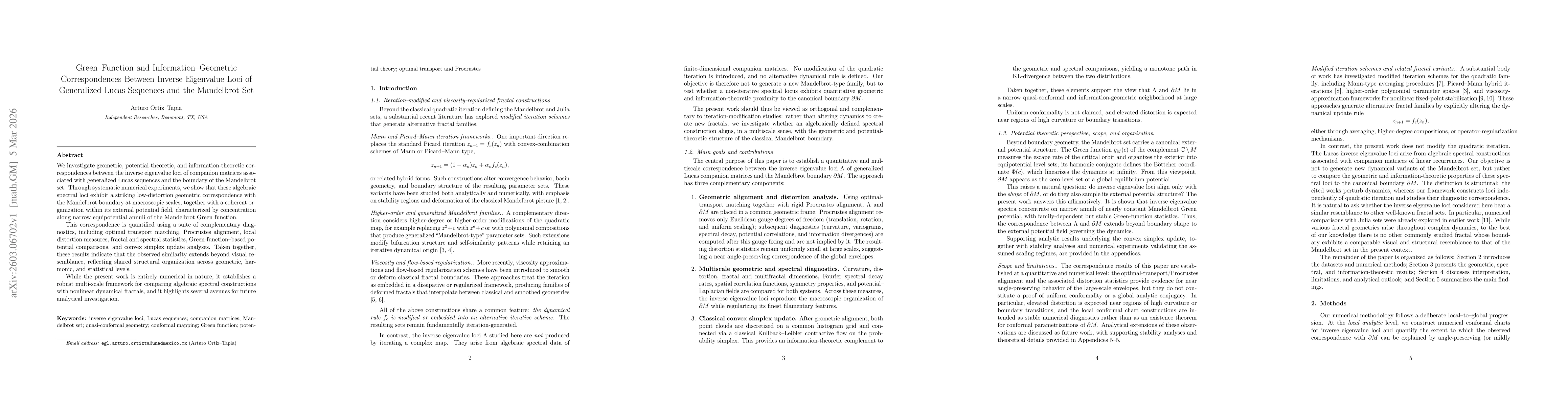 Thumbnail for Green-Function and Information-Geometric Correspondences Between Inverse Eigenvalue Loci of Generalized Lucas Sequences and the Mandelbrot Set