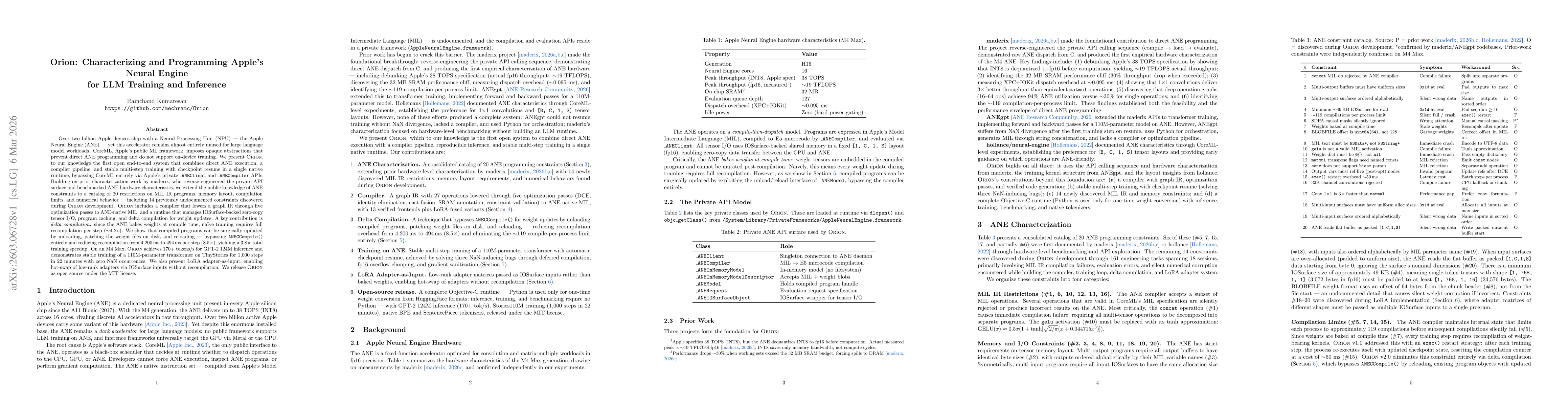 Thumbnail for Orion: Characterizing and Programming Apple's Neural Engine for LLM Training and Inference