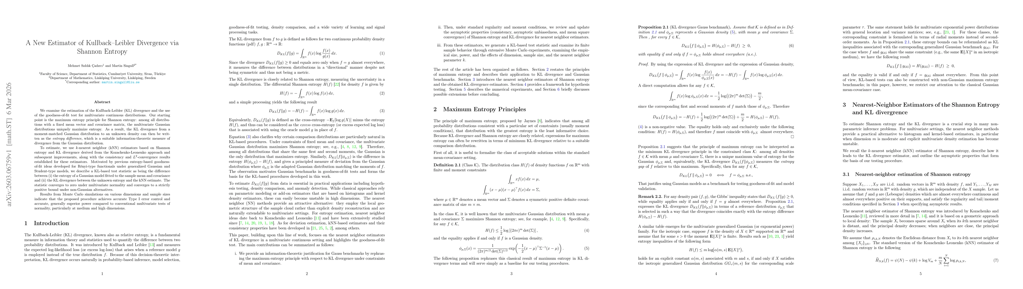 Thumbnail for A New Estimator of Kullback--Leibler Divergence via Shannon Entropy