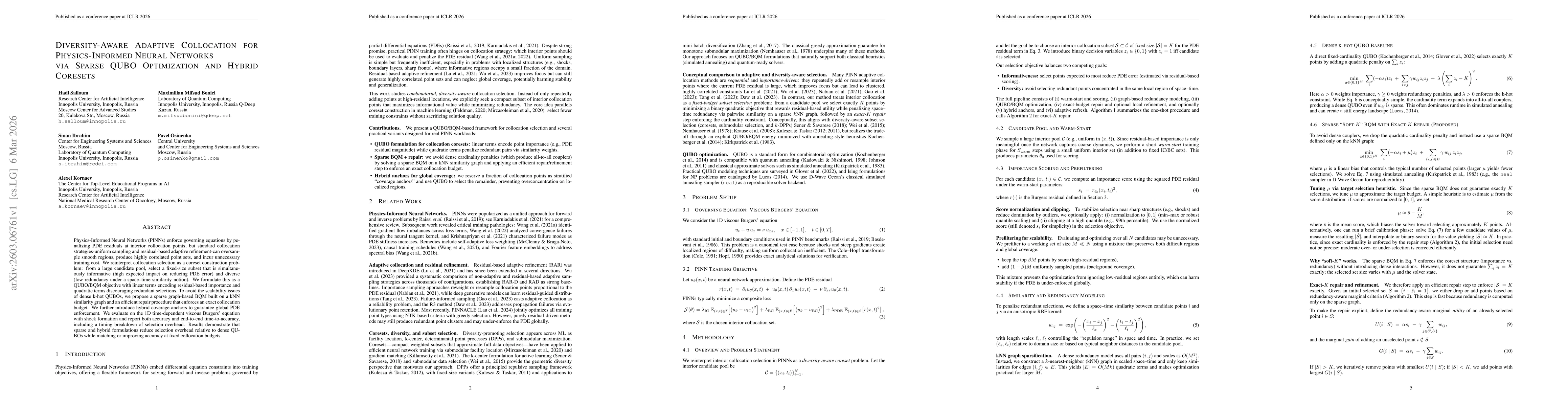 Thumbnail for Diversity-Aware Adaptive Collocation for Physics-Informed Neural Networks via Sparse QUBO Optimization and Hybrid Coresets