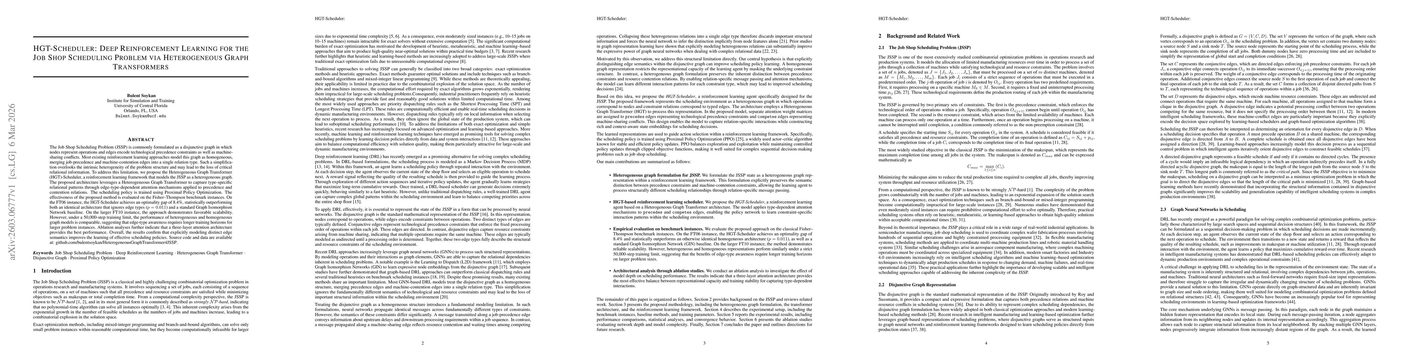 Thumbnail for HGT-Scheduler: Deep Reinforcement Learning for the Job Shop Scheduling Problem via Heterogeneous Graph Transformers
