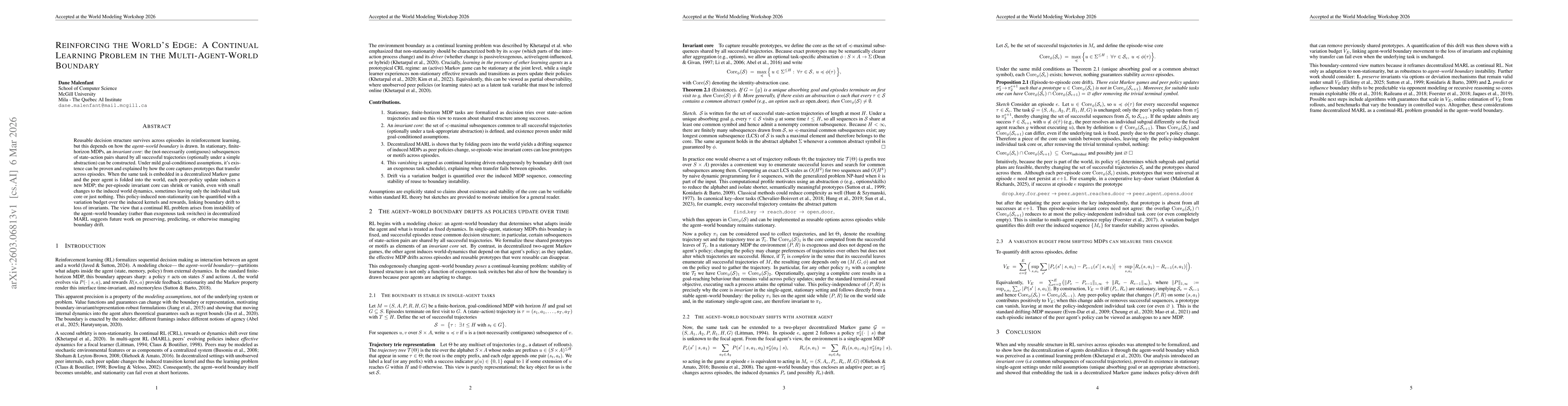 Thumbnail for Reinforcing the World's Edge: A Continual Learning Problem in the Multi-Agent-World Boundary