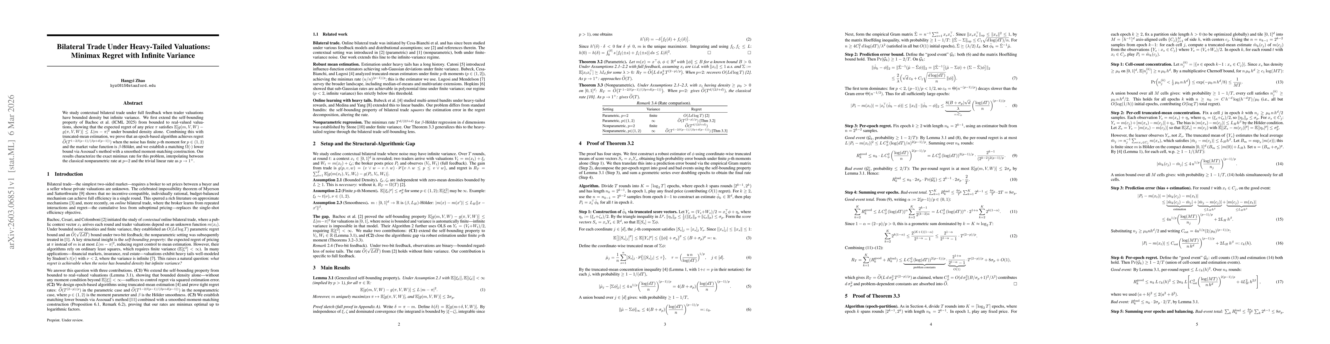 Thumbnail for Bilateral Trade Under Heavy-Tailed Valuations: Minimax Regret with Infinite Variance