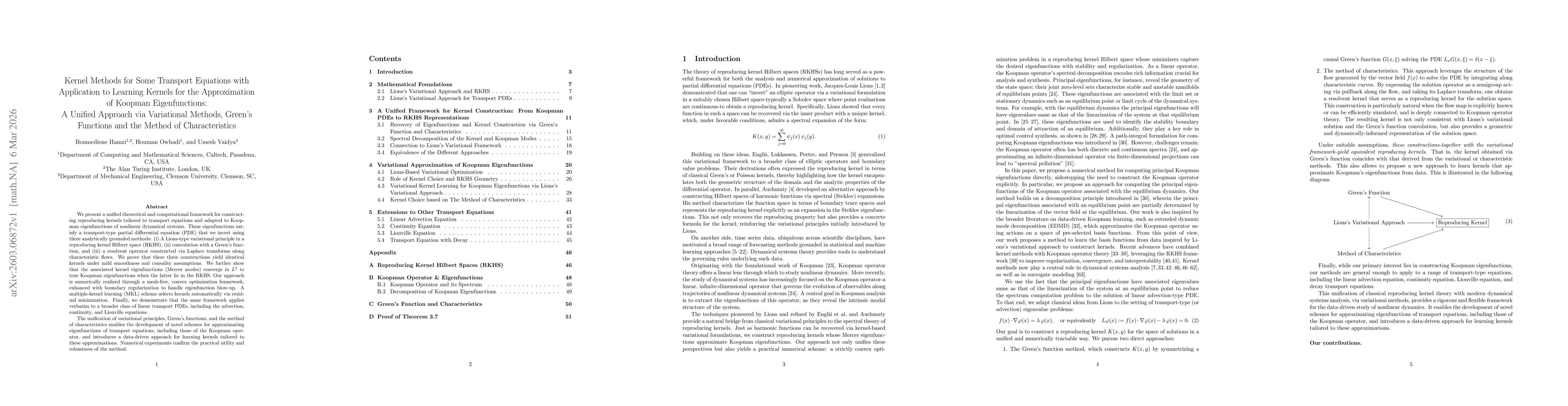 Thumbnail for Kernel Methods for Some Transport Equations with Application to Learning Kernels for the Approximation of Koopman Eigenfunctions: A Unified Approach via Variational Methods, Green's Functions and the Method of Characteristics