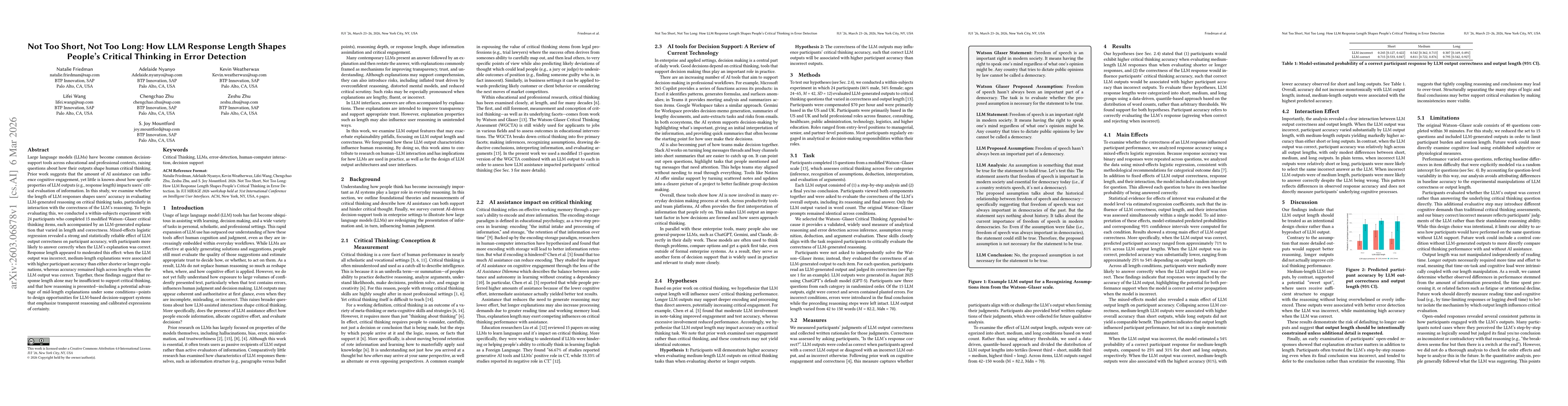 Thumbnail for Not Too Short, Not Too Long: How LLM Response Length Shapes People's Critical Thinking in Error Detection