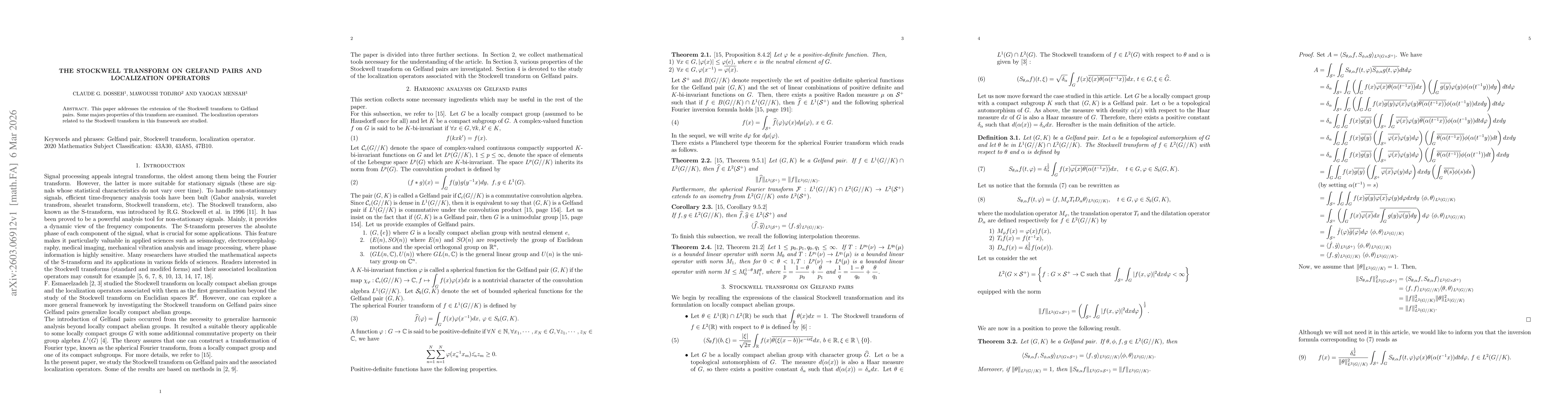 Thumbnail for The Stockwell transform on Gelfand pairs and localization operators