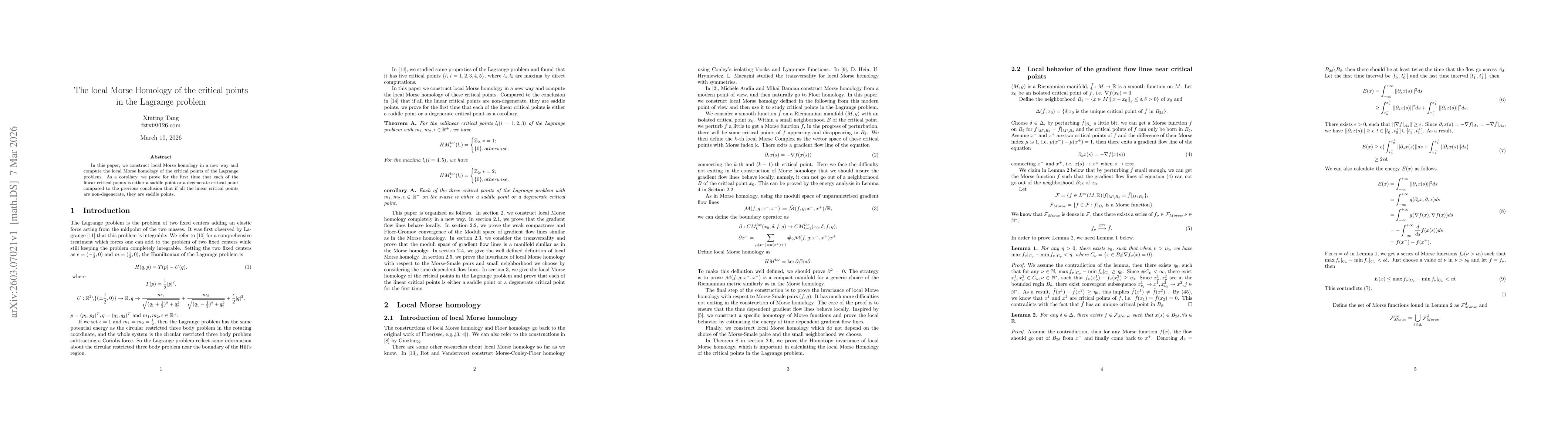 Thumbnail for The local Morse Homology of the critical points in the Lagrange problem