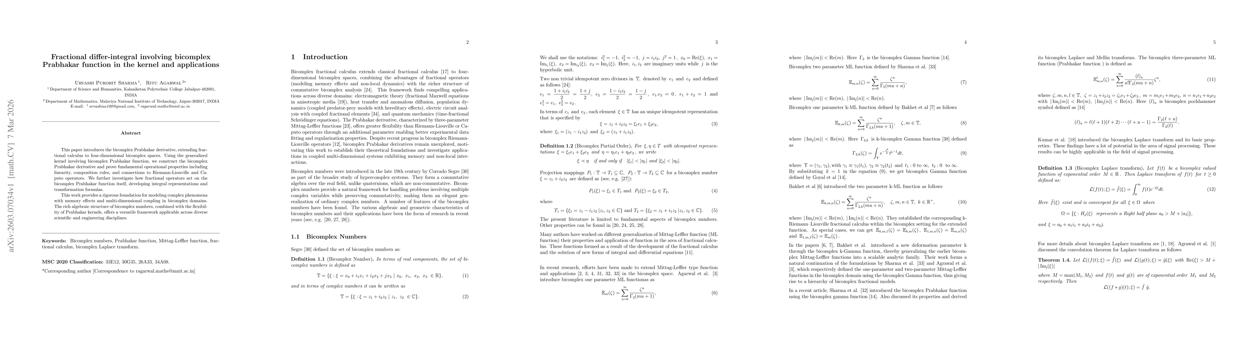 Thumbnail for Fractional differ-integral involving bicomplex Prabhakar function in the kernel and applications