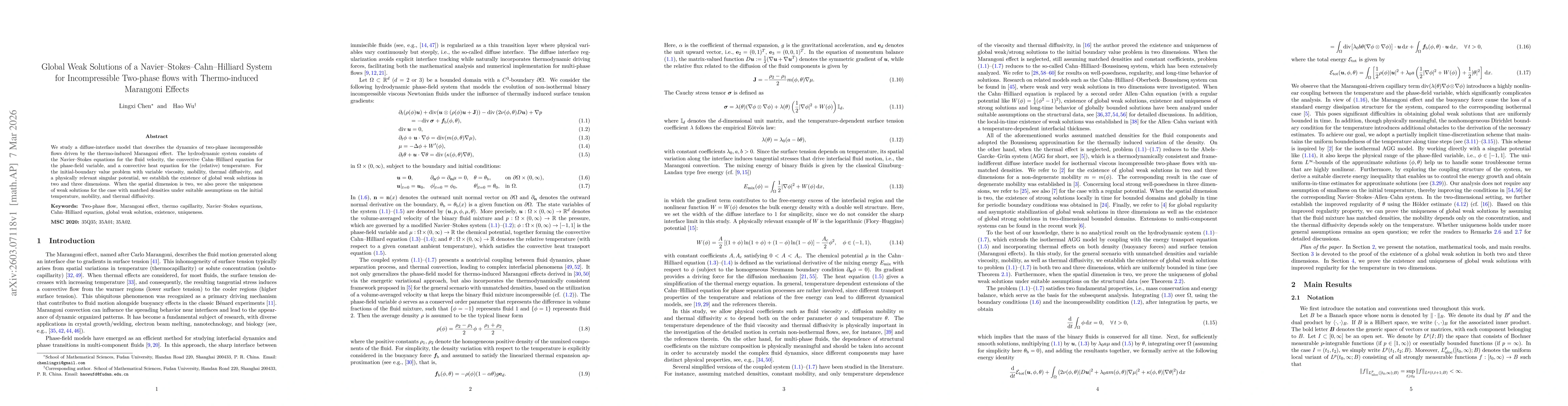 Thumbnail for Global Weak Solutions of a Navier-Stokes-Cahn-Hilliard System for Incompressible Two-phase flows with Thermo-induced Marangoni Effects