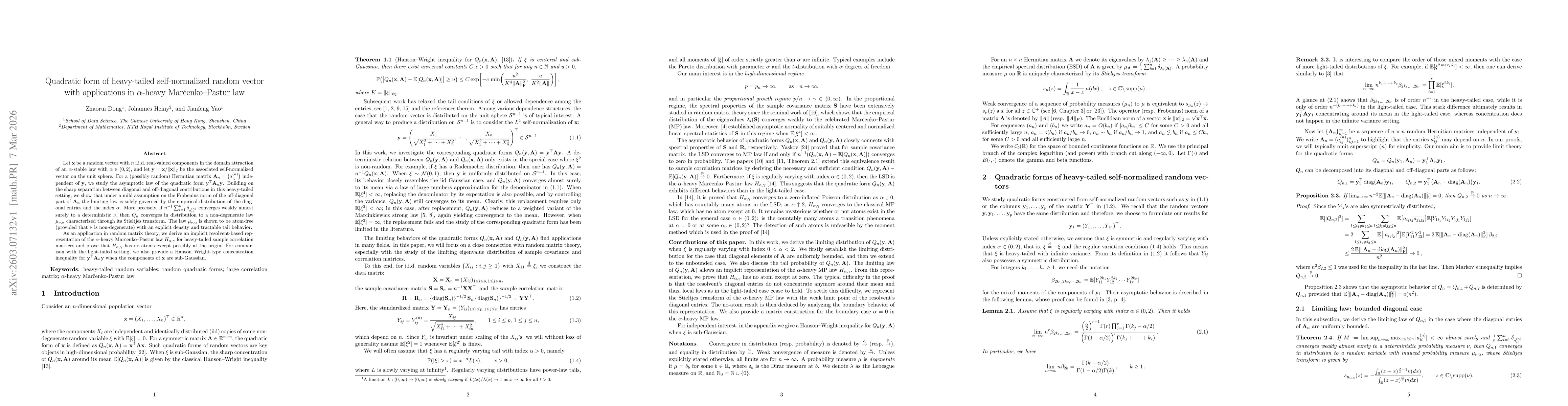 Thumbnail for Quadratic form of heavy-tailed self-normalized random vector with applications in $α$-heavy Mar\v cenko--Pastur law