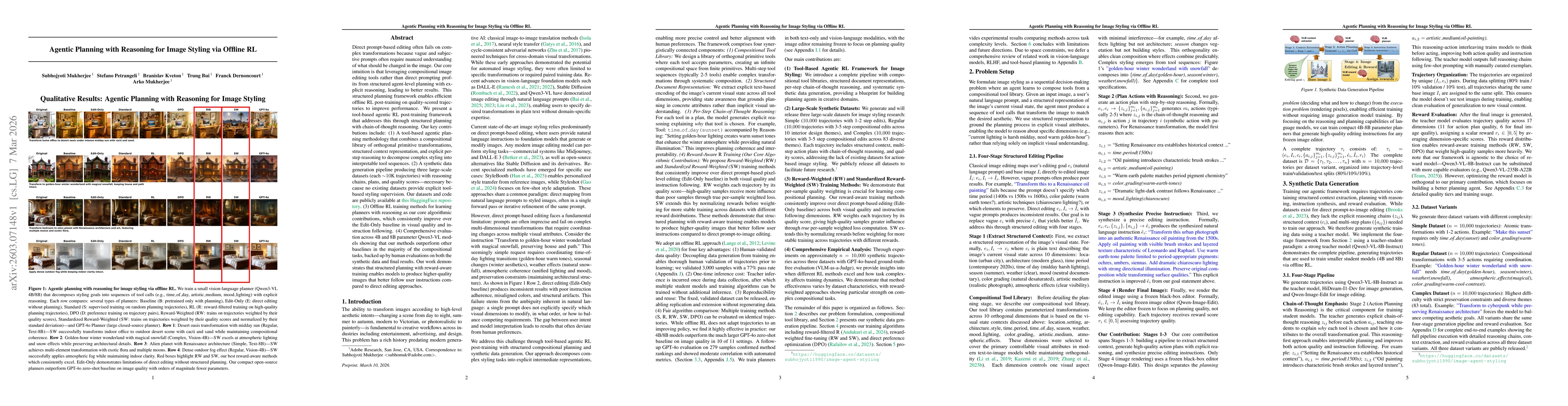 Thumbnail for Agentic Planning with Reasoning for Image Styling via Offline RL