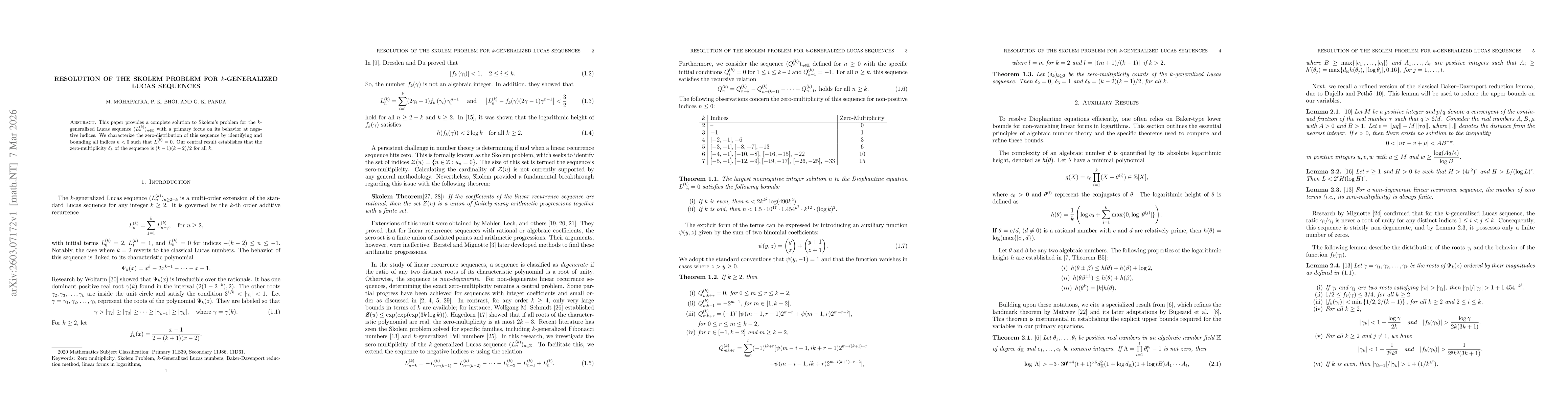 Thumbnail for Resolution of the Skolem Problem for $k$-Generalized Lucas Sequences