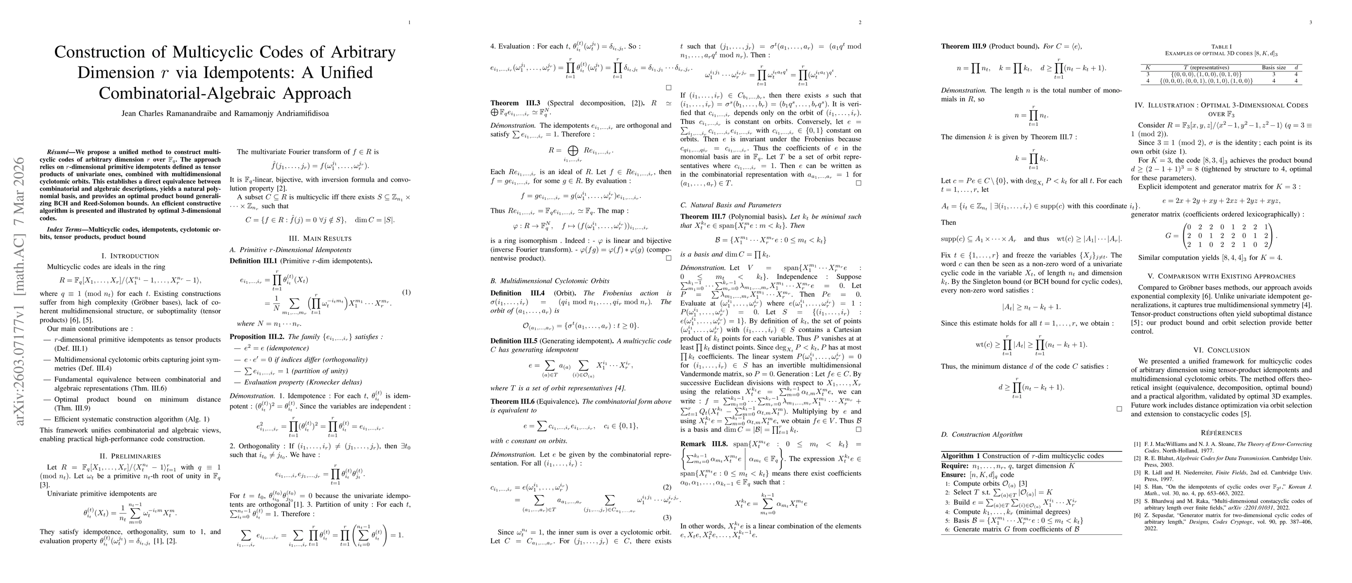 Thumbnail for Construction of Multicyclic Codes of Arbitrary Dimension $r$ via Idempotents: A Unified Combinatorial-Algebraic Approach