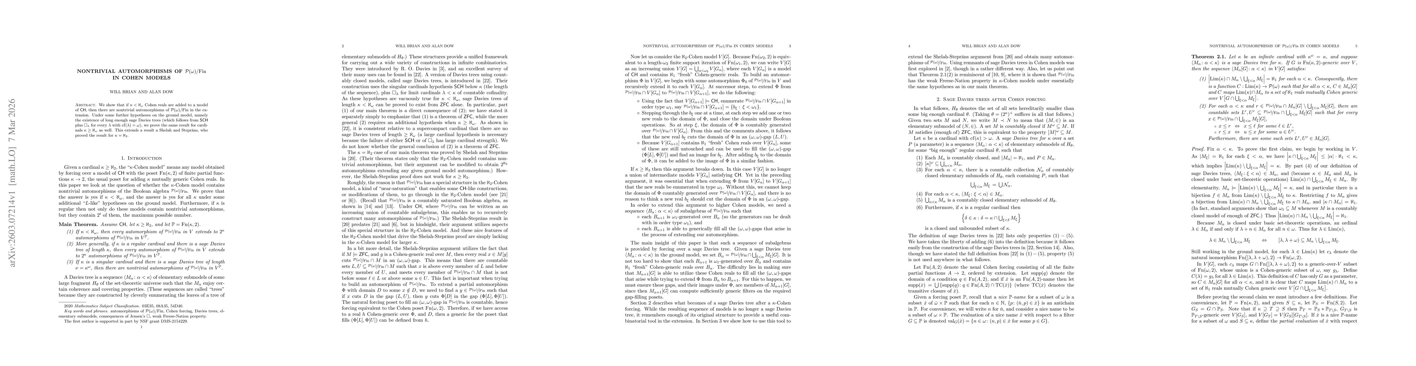 Thumbnail for Nontrivial automorphisms of $\mathcal P(ω)/\mathrm{Fin}$ in Cohen models