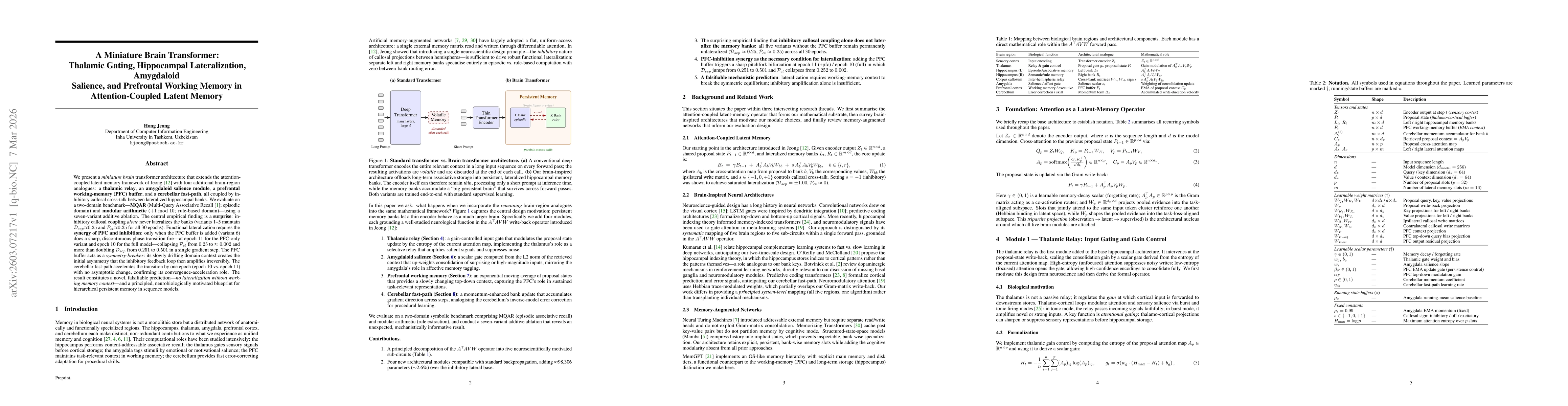 Thumbnail for A Miniature Brain Transformer: Thalamic Gating, Hippocampal Lateralization, Amygdaloid Salience, and Prefrontal Working Memory in Attention-Coupled Latent Memory