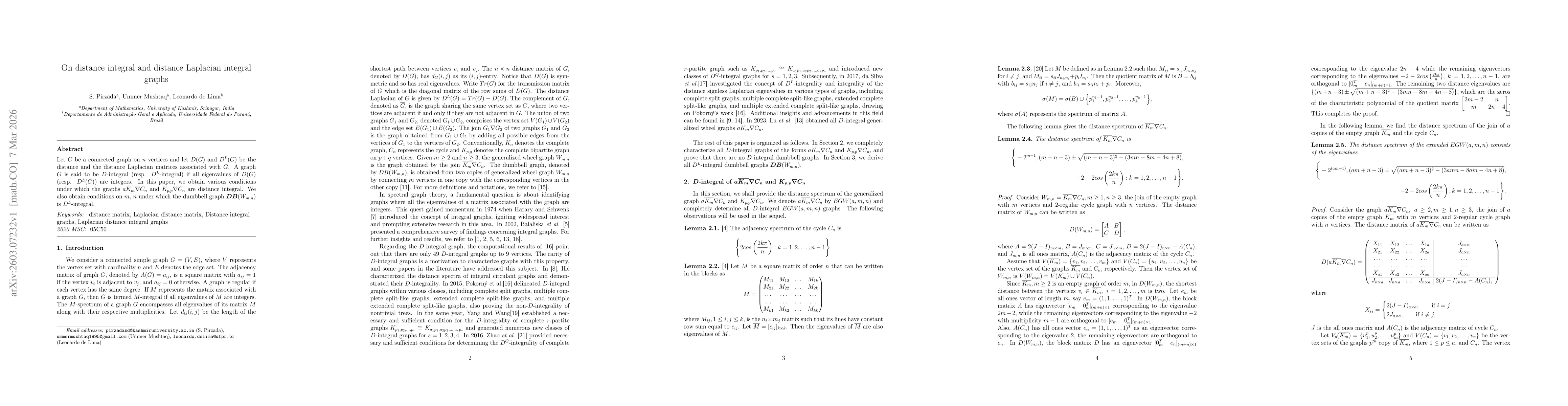 Thumbnail for On distance integral and distance Laplacian integral graphs