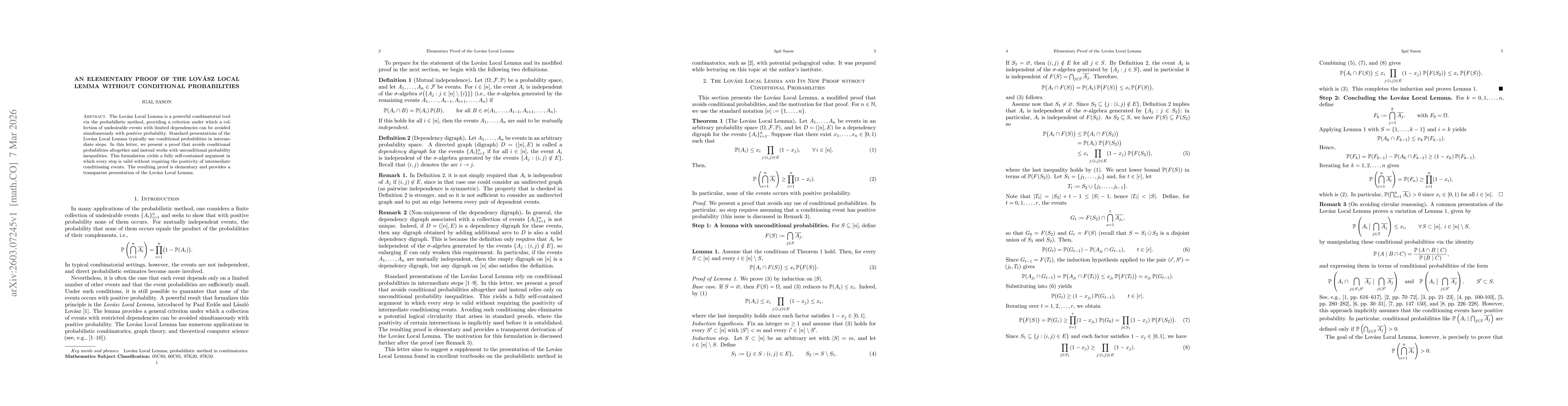 Thumbnail for An Elementary Proof of the Lovász Local Lemma Without Conditional Probabilities
