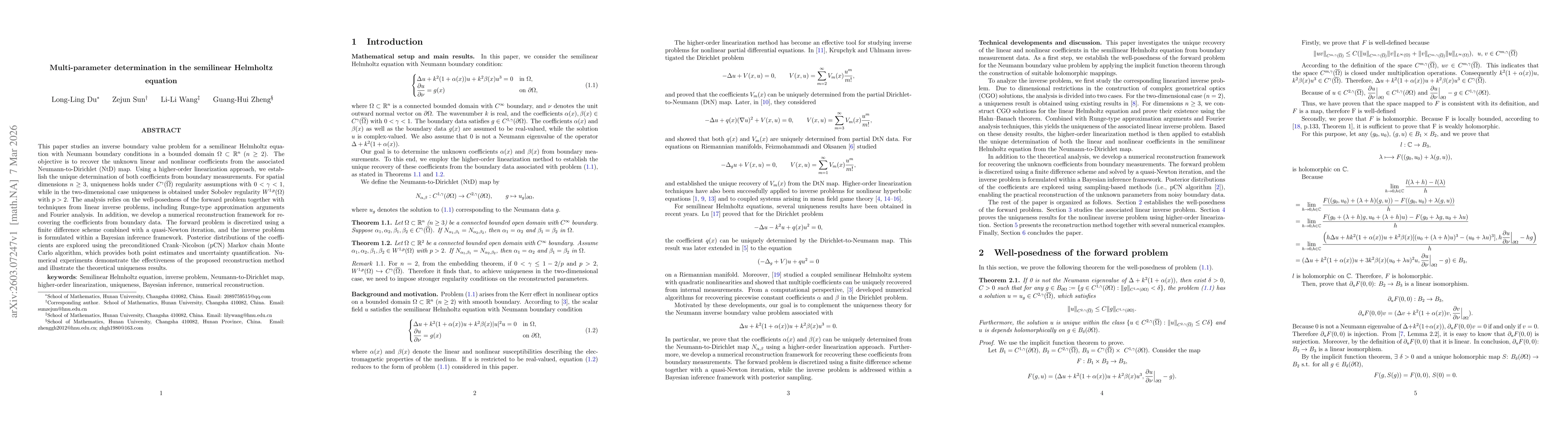 Thumbnail for Multi-parameter determination in the semilinear Helmholtz equation